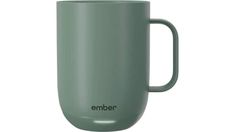 a green mug with the word ember on it's side is shown in front of a white background