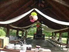 an outdoor venue with tables and chairs covered in white draping