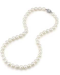 This beautiful Akoya pearl necklace ranges between 8.0-8.5mm in size and consists of pearls with an 'excellent' grade luster and clean surface. Our AA+ quality meets The Pearl Source's stringent standards for high quality pearls and are offered at a very affordable price. All pearls in this necklace are round and are strung with silk thread and double-knotted between each pearl. This necklace comes standard with a beautiful 14K gold clasp, though premium clasps can be selected for an additional Classic Pearl Necklace, Akoya Pearl Necklace, Saltwater Pearls, White Pearl Necklace, Buy Necklace, Pearl Necklaces, Akoya Pearls, Pearl Types, Pearl Stud Earrings