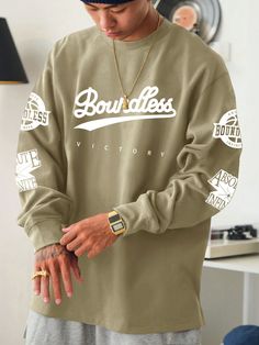 Loose Fit Men's Long Sleeve Crew Neck T-Shirt With Letter Print Khaki Casual  Long Sleeve Fabric Letter  Slight Stretch  Men Clothing, size features are:Bust: ,Length: ,Sleeve Length: Drawstring Waist Shorts, Fabric Letters, Loose Tees, Bandana Hairstyles, Casual Athletic, Outdoor Woman, Men Clothing, Letter Print, Mens Fitness