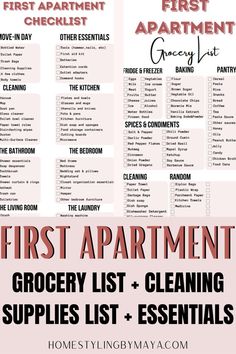 the first apartment grocery list is shown in red and white with black lettering on it