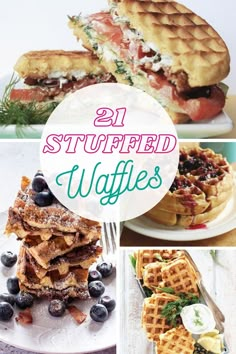 some waffles with blueberries and other food items on them that are stacked together