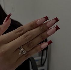 Maroon Acrylic Nails Coffin Designs, Wine Colored Acrylic Nails, Dark Cherry French Tip Nails, Wine Red French Tip Nails Square, Cherry Wine French Tip, Cherry Red French Tip Nails Square, Red Wine Acrylic Nails, Dark Cherry Red Nails French Tip