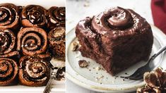 there are two pictures one has chocolate and the other has cinnamon rolls on it with icing