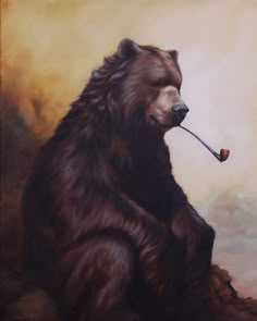 a painting of a bear with a pipe in its mouth