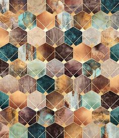 an abstract background with hexagonal tiles in shades of brown, blue and green