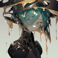 an anime character with blue hair and green eyes, wearing black clothing in front of dripping paint