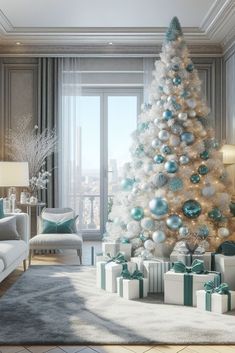 a living room with a christmas tree decorated in blue and white balls, presents on the floor