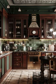 a kitchen filled with lots of wooden cabinets and counter top space next to a dining room table