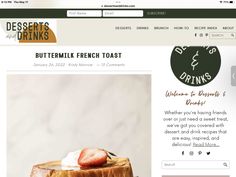 a website page for desserts and drinks, featuring a french toast with strawberries on top