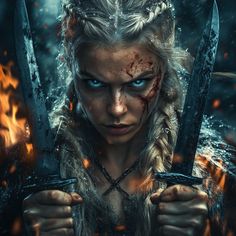 a woman with blue eyes holding two swords in front of fire and water behind her