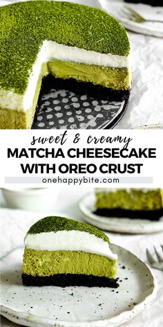 a slice of matcha cheesecake with oreo crust is shown on a plate