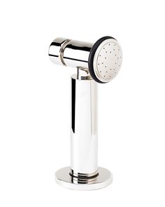 a bathroom faucet with a white and black handle on the side, in front of a white background