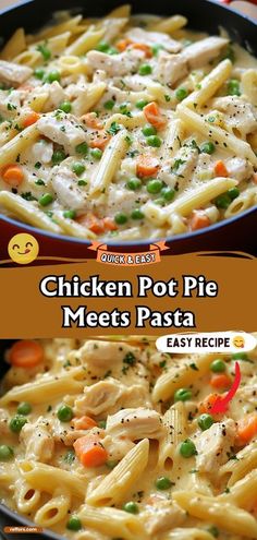 Enjoy the best of both worlds with Chicken Pot Pie Meets Pasta, a creamy and comforting dish where classic chicken pot pie filling is served over pasta. It’s a hearty meal that combines familiar flavors in a novel and satisfying way. #ChickenPotPie #PastaDish #ComfortEats Leftover Chicken Pot Pie Filling, Inside Out Chicken Pot Pie, Chicken Alfredo With Vegetables, Leftover Pot Pie Filling, Chicken And Bowtie Pasta Recipes Easy, Chicken Pot Pie Pasta Easy, No Pasta Meals, Easy Dinner Recipes On A Budget, Chicken Pot Pie Lasagna