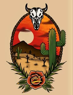 an image of a bull skull in the desert with cactus and roses on it's side