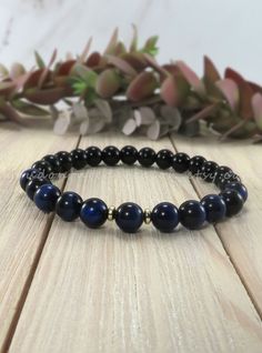 Gemstone Beaded Bracelet for Him, Her, Unisex, Gift | Blue Tiger Eye Bracelet | Tiger Eye and Jade Bracelet | Blue and Black Bracelet Blue Tiger Eye Bracelet, Blue Tiger Eye, Blue Tiger, Jade Gemstone, Black Bracelet, Blue Tigers Eye, Unisex Gift, Bracelet Blue