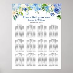 a seating chart with blue flowers on it