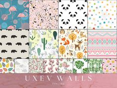 six different wallpapers with animals and plants on them, all in pastel colors