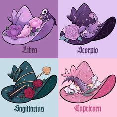 four different hats with flowers on them and the words utopia, libra, tropia