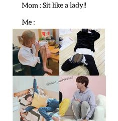 two pictures with the same person in different outfits and text that reads, mom sit like a lady me