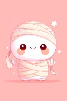 a cartoon character is wrapped up in a white blanket and has eyes wide open, with stars on the pink background