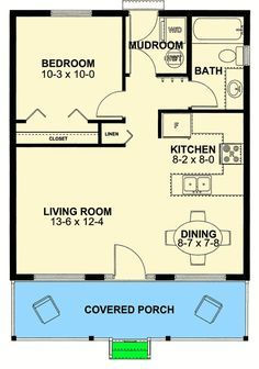 the floor plan for a small house with two bedroom and living room, including an attached bathroom