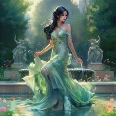 a painting of a woman in a green dress standing next to a fountain with flowers