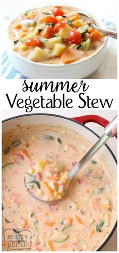 two pictures with different types of vegetables in them and the words summer vegetable stew on top