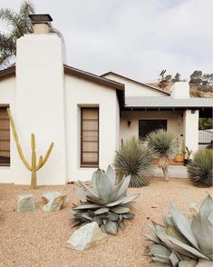 a house with cactus plants in front of it