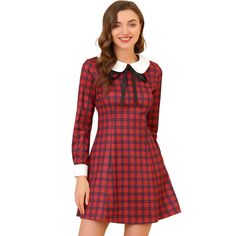 A cute bow and Peter Pan collar add classy and lovely appeal to this sweet dress, which can go from work to a date. Peter Pan collar dress with a contrasting plaid pattern is a classic gothic and casual dress for women and teens. The simple yet elegant design makes this lovely dress a vintage mini dress, and the simple dress with a Peter Pan collar makes it a great fitted dress. Dress With Flats, Vintage Mini Dresses, Peter Pan Collar Dress, Line Dresses, Tartan Dress, A Line Dresses, Dresses Red, Vestidos Vintage, Cute Bow