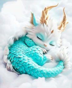 a white and blue dragon laying on top of a cloud