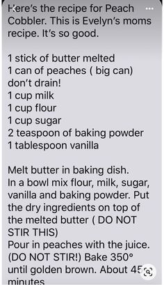 the recipe for peach cobbler is shown in this screenshote screen graber