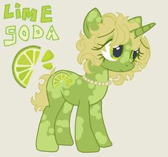 a green pony with lemon slices on it's face and the words lime soda