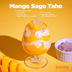 mango sago taco salad in a glass bowl next to other ingredients on a yellow background