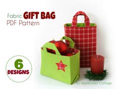 two bags with christmas ornaments in them and the text fabric gift bag pattern 6 versions