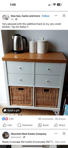 an old dresser with wicker baskets on top and the bottom drawer is open to show what's in front of it