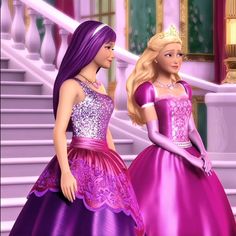 two barbie dolls are standing next to each other on the stairs in their princess dresses