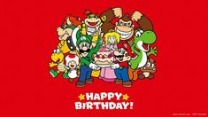 an image of mario birthday card with many cartoon characters on the front and back cover