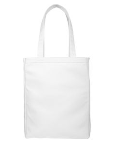 a white tote bag is shown on a white background, with the handles down