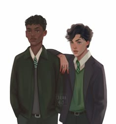 two young men in green shirts and ties, one is wearing a black blazer