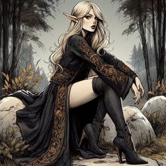 a woman sitting on top of a rock in the woods with long blonde hair and black boots