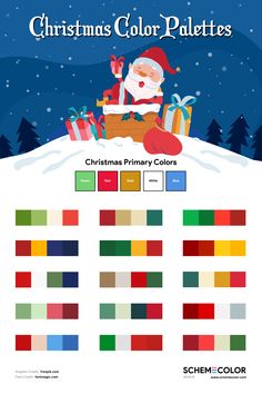 christmas color palettes with santa sitting on top of a pile of presents in the snow