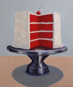 a painting of a red and white cake