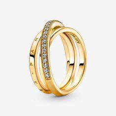 Pandora Crossover Pavé Triple Band Ring - Size 8.5 | Gold | 169057C01-58 Silver Wedding Gifts, Pandora Logo, Triple Band Ring, Pandora Rings, Rings Jewelry Fashion, Pave Ring, Thomas Sabo, Mua Sắm, Gold Plated Rings