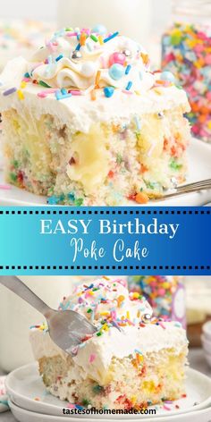 easy birthday poke cake with white frosting and sprinkles