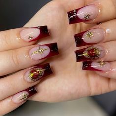 Red And Gold Nails Coffin, Quinceanera Nails, Red And Gold Nails, Punk Nails, Really Cute Nails, Burgundy Nails, Unique Acrylic Nails, Gem Nails