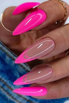 Bright French Nails, Pink Nail Colors, Almond Nails Designs, Almond Acrylic Nails, Pink Nail Designs, Pink Acrylic Nails