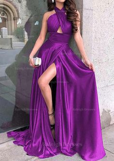 A Line Halter Sleeveless Long Floor Length Charmeuse Prom Dress With Split Black Long Prom Dresses, Prom Dresses Satin, Prom Dress With Split, डिजाइनर कपड़े, Dark Purple Dresses, Prom Dress Inspo, Purple Prom, Dresses Satin, Dress With Split