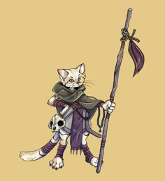 a drawing of a cat holding a stick and wearing a costume with a skull on it