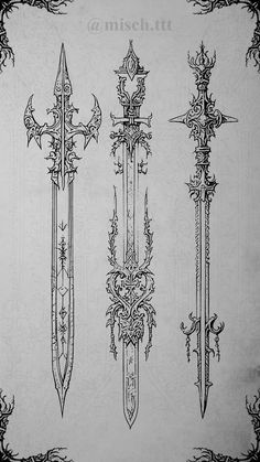 four different types of swords with ornate designs on the handles and sides, all in black ink